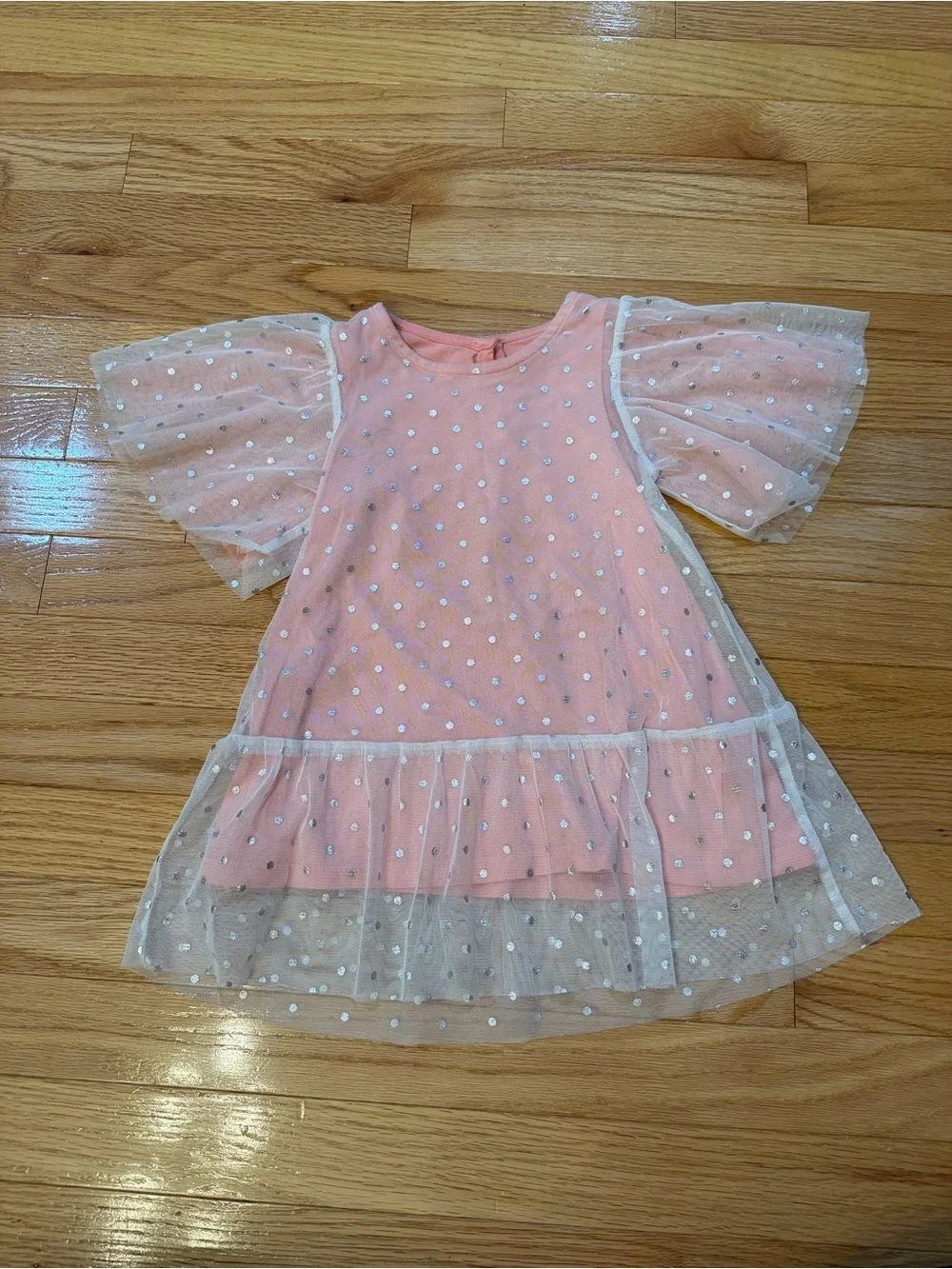 H&M Coral Pink Glitter Polka Dot Mesh Sleeve Dress